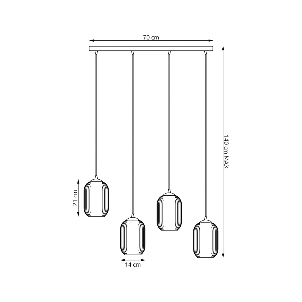 Lampadario 4 Luci Selene In Acciaio Nero E Vetri Plissettati In Bianco E Fumè