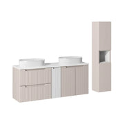 Insieme VANO cachemire e bianco 170cm: mobili sotto lavabo con cassetti e armadietti + lavabi da appoggio scanalati + colonna