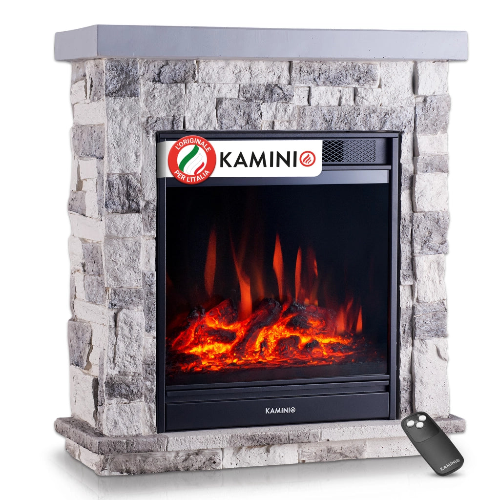 KAMINIO Camino elettrico JUAN - Camino elettrico da appoggio effetto pietra con riscaldamento, effetto fiamma 3D, telecomando - Grigio