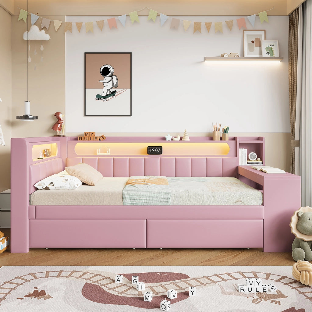 LETTO 90x200 cm imbottito Rosa con USB, LED, scrivania e 2 cassetti
