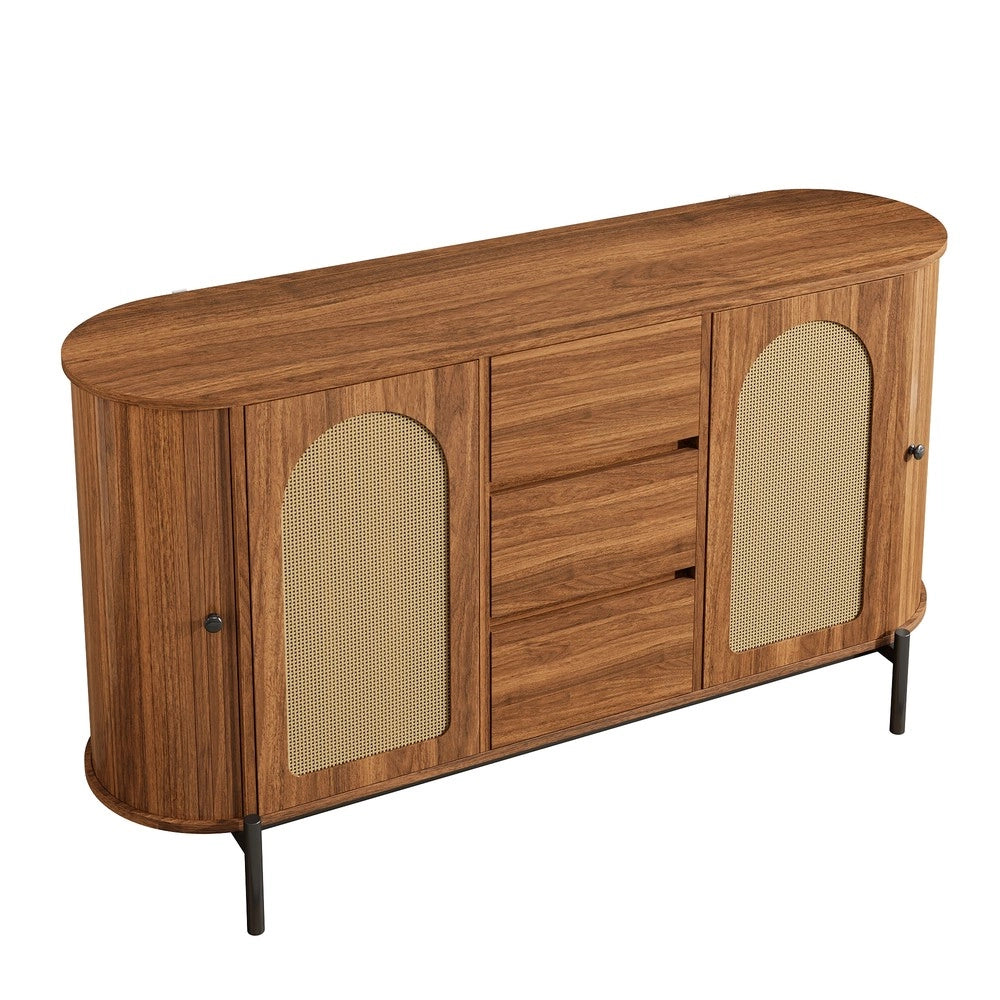 Credenza Ovale con Ante a Scorrimento in Rattan, Cassetti e Ripiani ¨C MINIMAL ¨C Legno e Metallo
