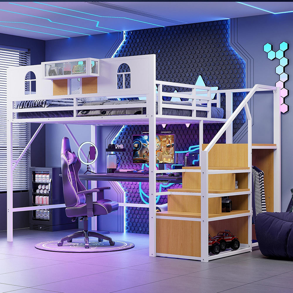 Letto a Soppalco Metallo 140x200cm - Xylo - con Scala e Contenitore, Bianco