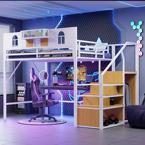 Letto a Soppalco Metallo 140x200cm - Xylo - con Scala e Contenitore, Bianco