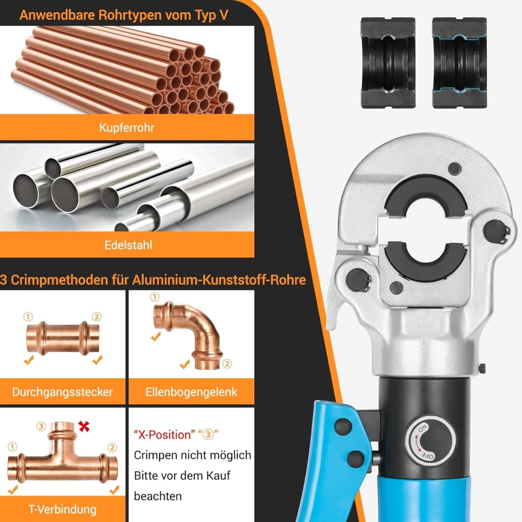 Crimpatrice Multistrato,Pressatrice Multistrato,Pinza Crimpatrice Idraulica con Testa Rotante a 360°,Crimpatrice pinza per tubo in rame e acciaio inox,8T,Pinza per Serra Multistrato V12-15-18-22-28