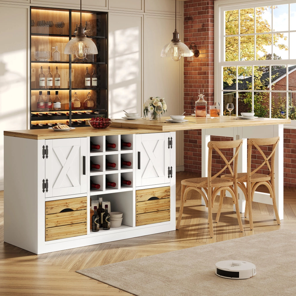 Tavolo da pranzo estensibile con madia, piano girevole a 360°, 1 cassetto e portabottiglie, per cucina, in MDF, bianco