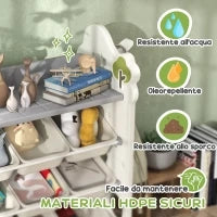 Scaffale Portagiochi a 4 Livelli con 9 Contenitori e Gancio Laterale, in HDPE, 77x42x94 cm, Bianco Crema