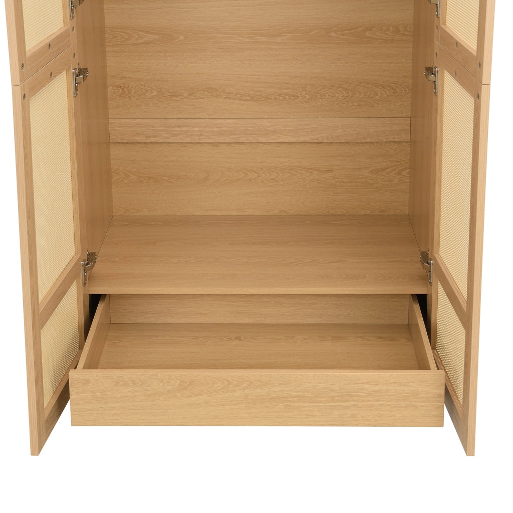 Armadio con ante curve, asta appendiabiti e cassetti, per camera da letto e ingresso, naturale, 80 × 50 × 179 cm