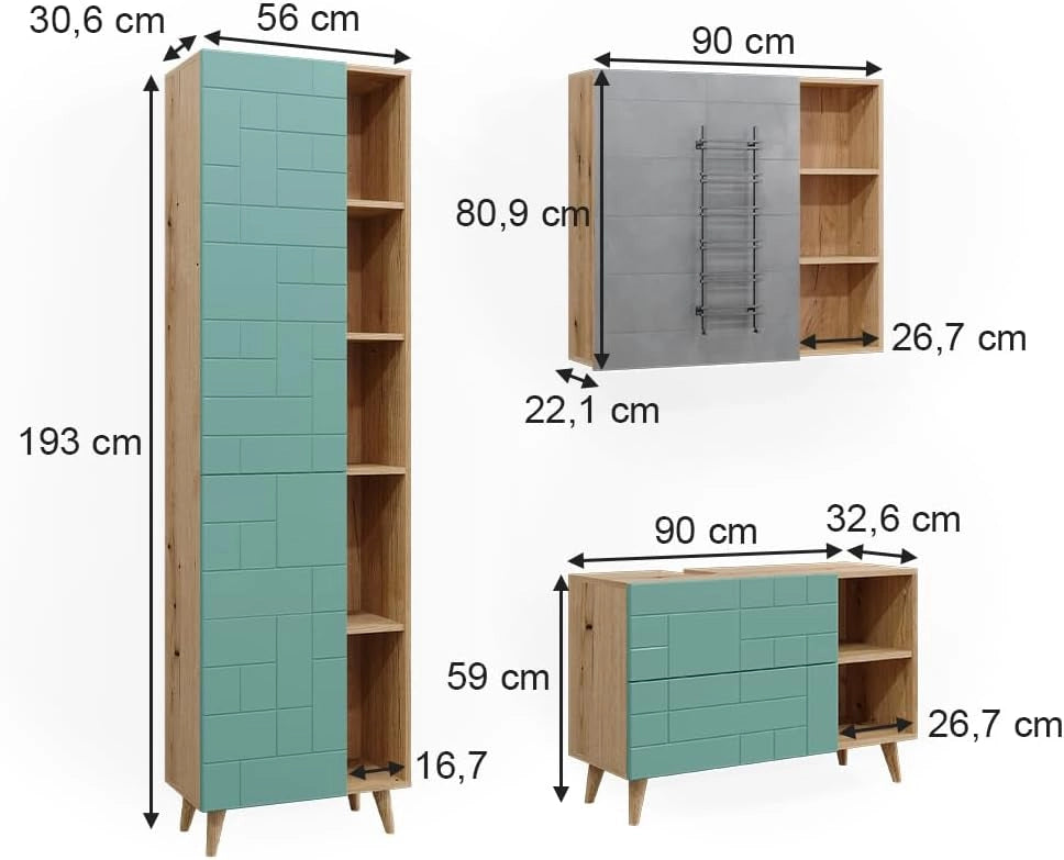Set di mobili da bagno Rudi, Verde menta, 90 cm, composto da mobile sottolavabo, specchiera e colonna alta