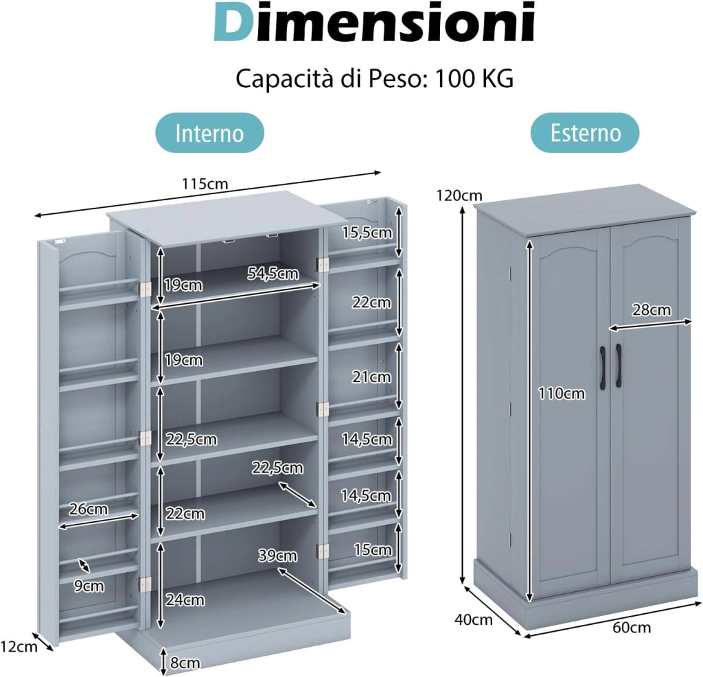 Credenza da Cucina, Mobile da Cucina Moderno con 6 Ripiani Regolabili, per Cucina, Sala da Pranzo e Soggiorno, 60 x 40 x 120 cm (Grigio)