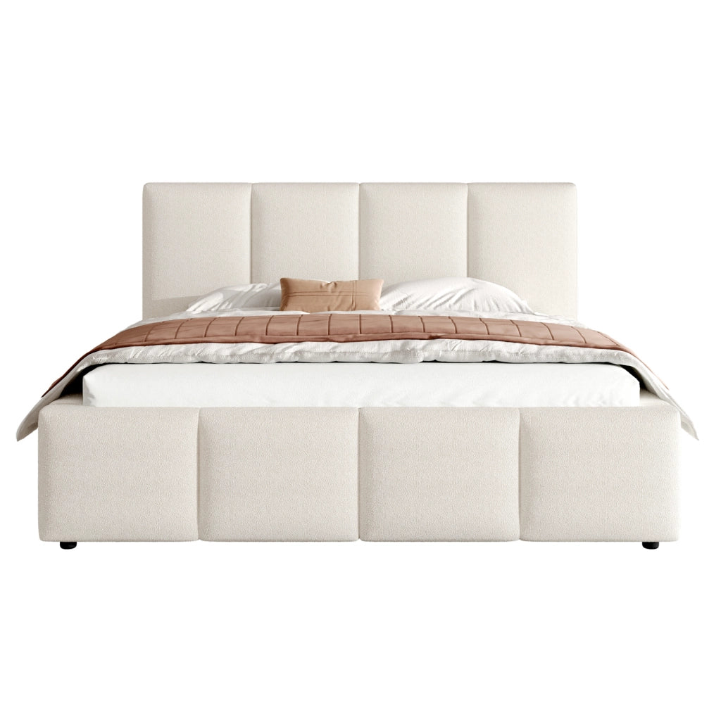 Letto matrimoniale imbottito 160x200 cm con rete a doghe e testiera in bouclé beige