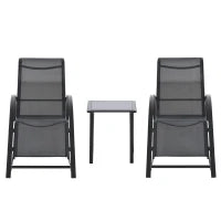 Set 2 Lettini Prendisole e Tavolino con Ripiano, in Tessuto Traspirante e Metallo, 59x169x66 cm, Nero