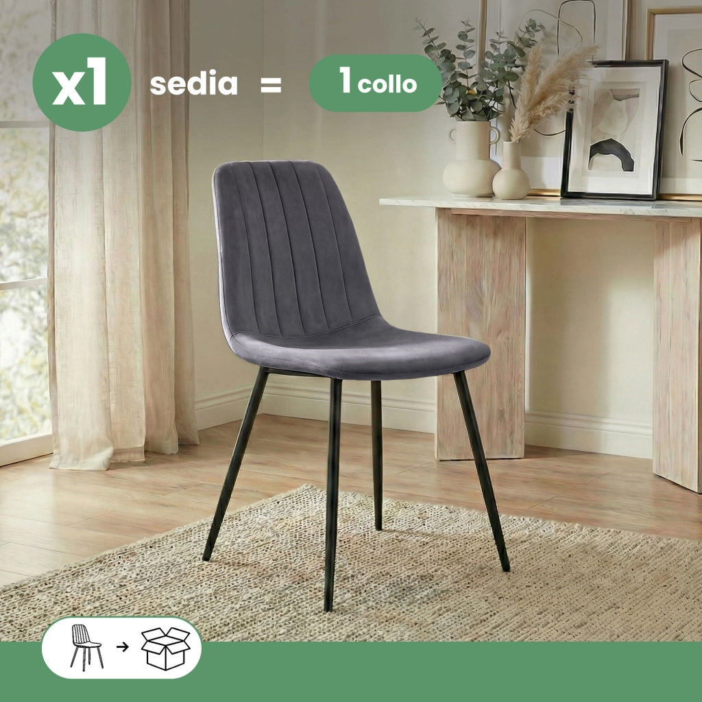 Sedia in velluto trapuntata LUMO Grafite Scuro gambe nere