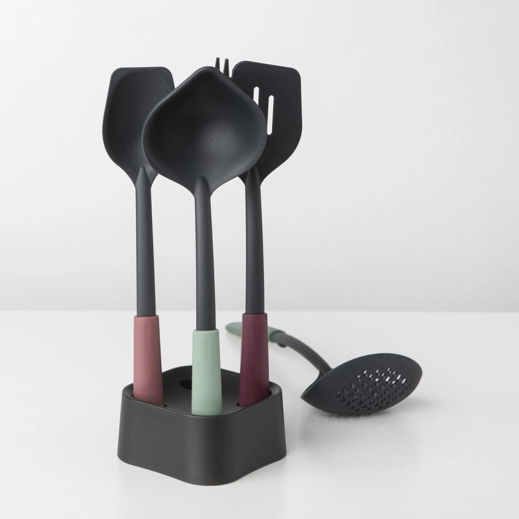 Brabantia 123184 Tasty+ Set Utensili da Cucina 4 Pezzi con Supporto in Nylon Termoresistente Fino a 220 °C Lavabile in Lavastoviglie colore Multicolore