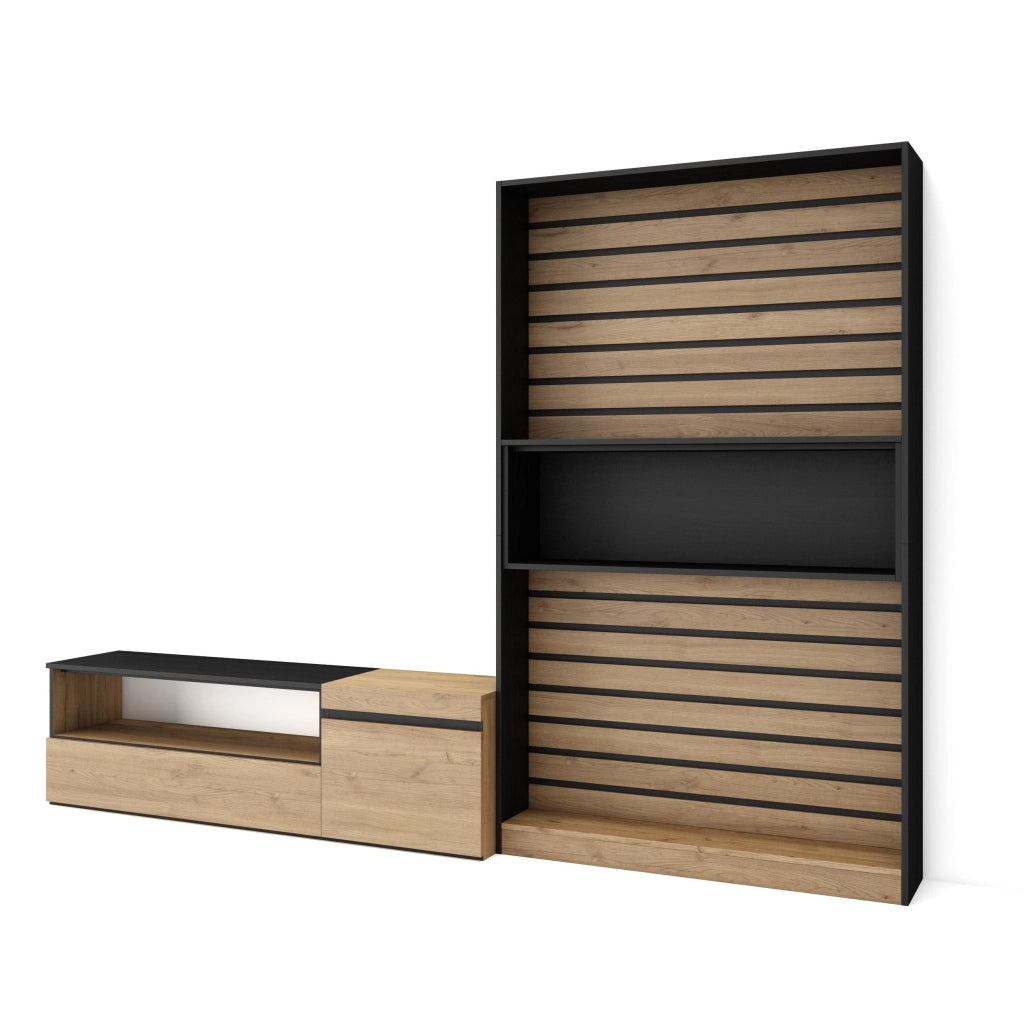 Mobile TV, Soggiorno, 260x35x186cm, Per TV fino a 65", Set di mobili, colore Rovere e nero RF2535
