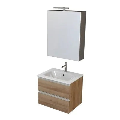 Mobile bagno sospeso 60 cm rovere miele con lavabo e specchio contenitore Master