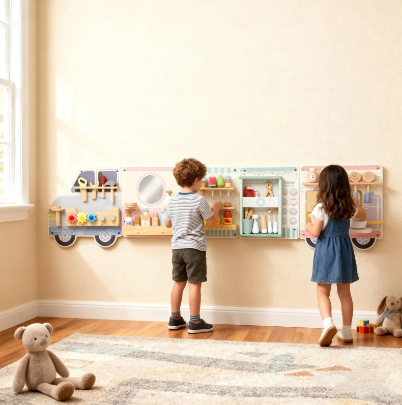 Pannello attivit¨¤ da parete ULEVR a forma di camion, 163,8 cm, gioco sensoriale 5 in 1 in MDF multicolore