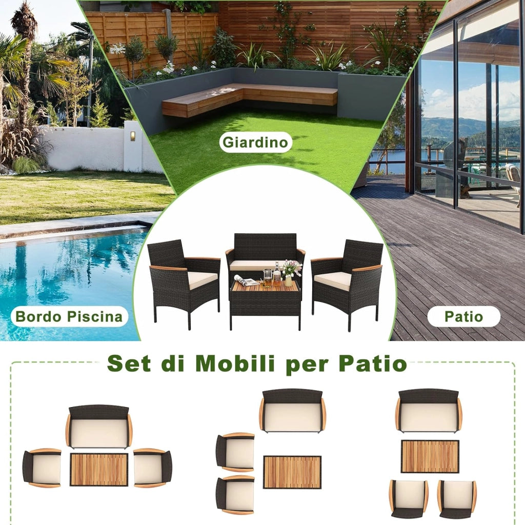Salotto da Giardino Esterno 4 Pezzi in Rattan, Set da Conversazione da Esterno con 1 Tavolino Basso, 1 Divanetto e 2 Sedie, Cuscini Sfoderabili, per Patio, Balcone, Piscina