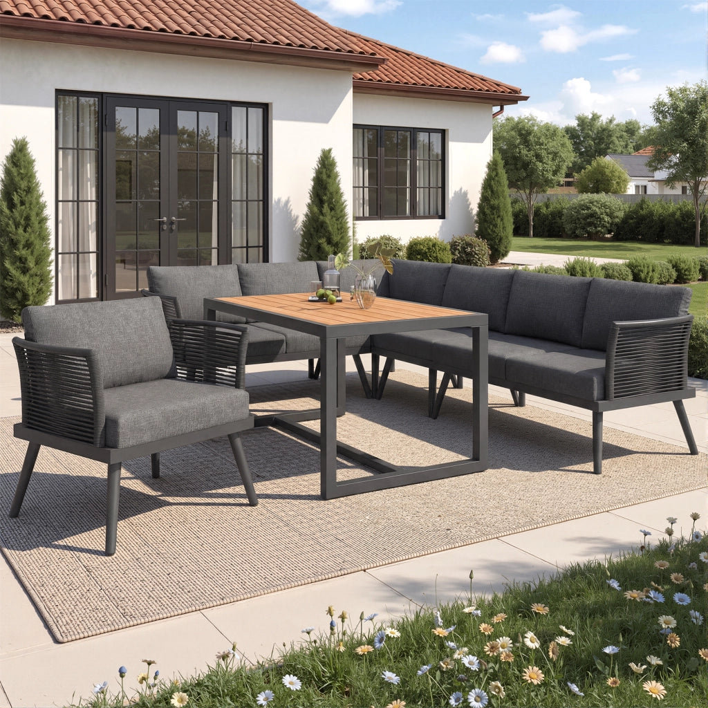 Salotto da Giardino con 4 Divani; 1 Poltrona e 1 Tavolino; Modulare a L; per 7 persone; Ferro; Grigio