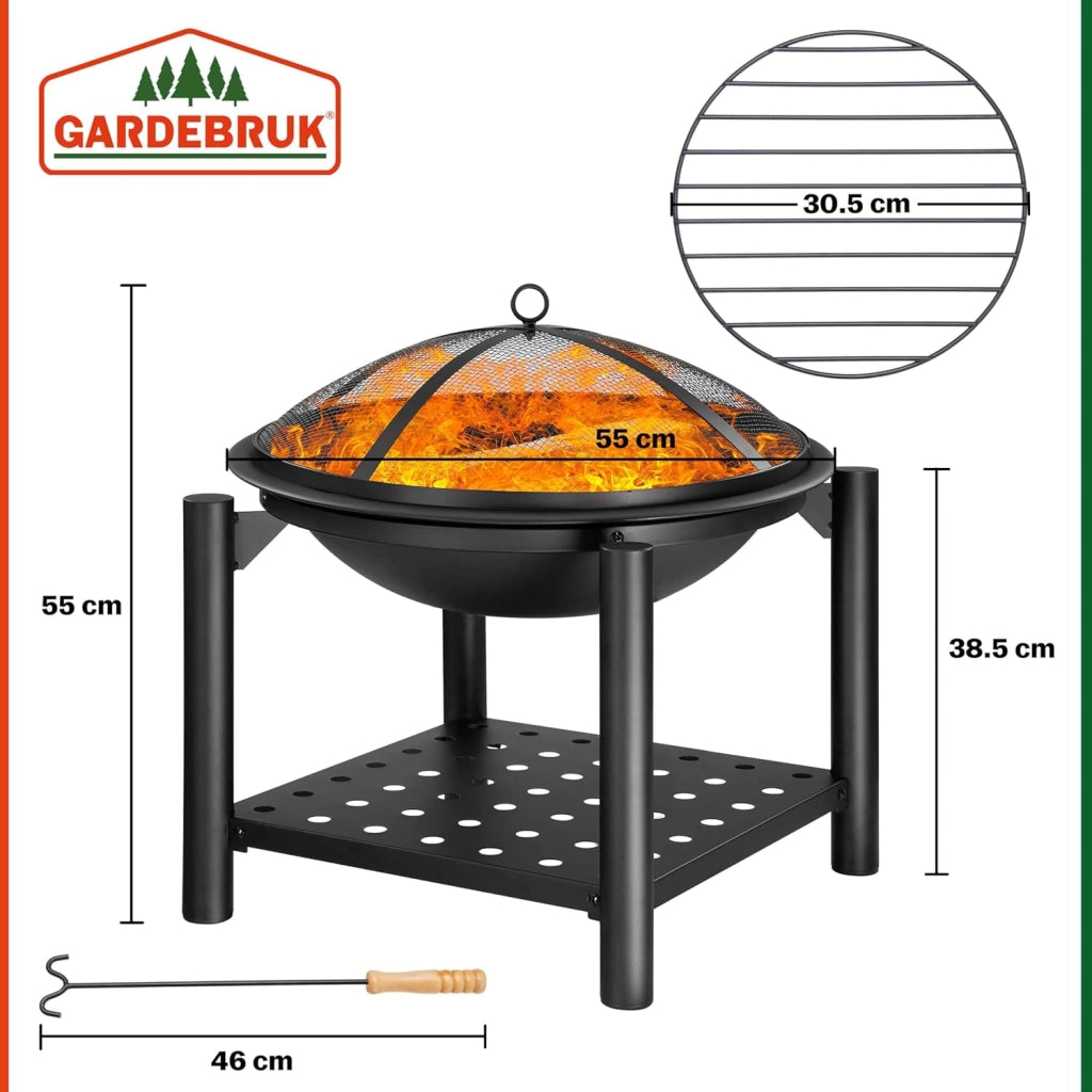 Deuba Braciere Rotondo Ø 55cm Attizzatoio Parascintille Ripiano Portaoggetti Camino Giardino Stufa