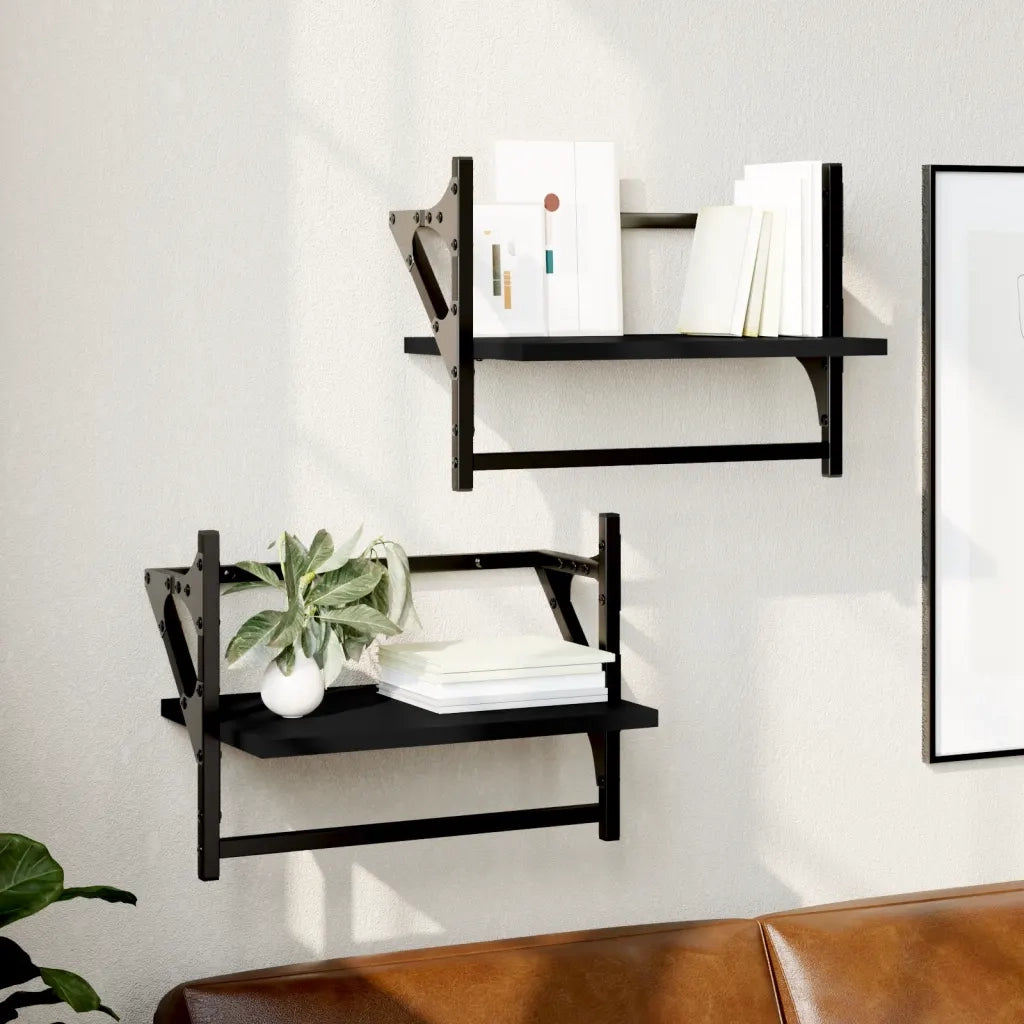2 pz Mensole da Parete | Scaffali a Parete | Ripiano a parete con Aste Nere 40x25x30 cm