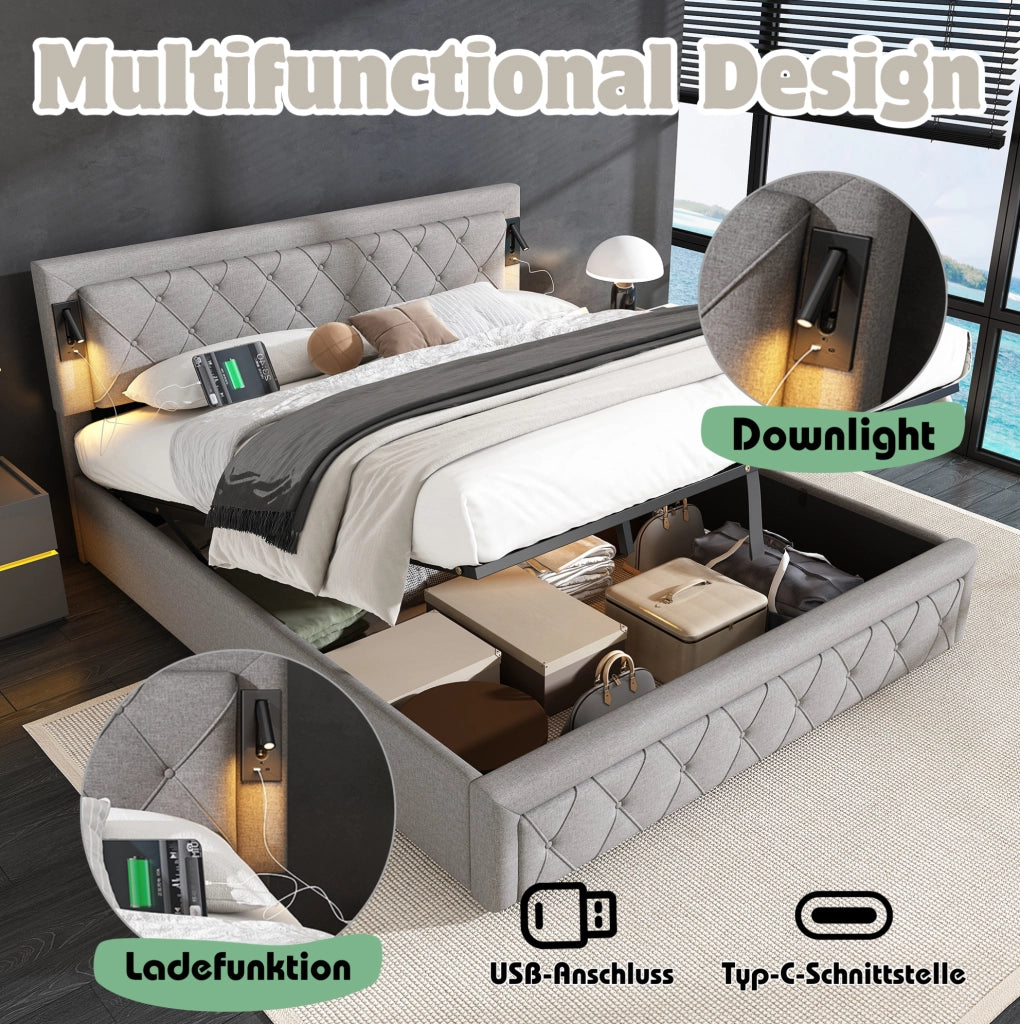 Letto imbottito con contenitore, luci e USB, grigio