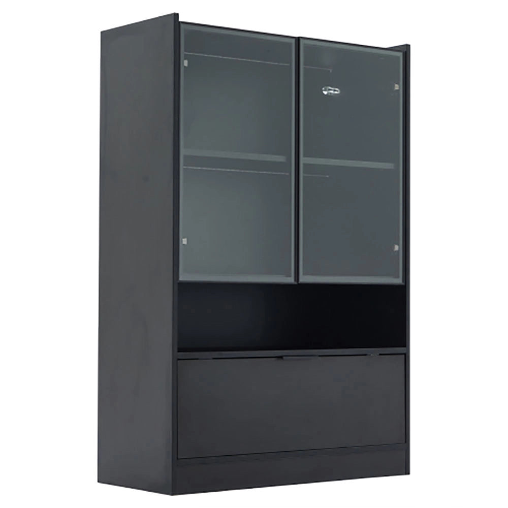 Vetrina a LED moderna - Xylo - 120 cm - Nero opaco - 16 colori, ante in vetro, porta ribaltabile
