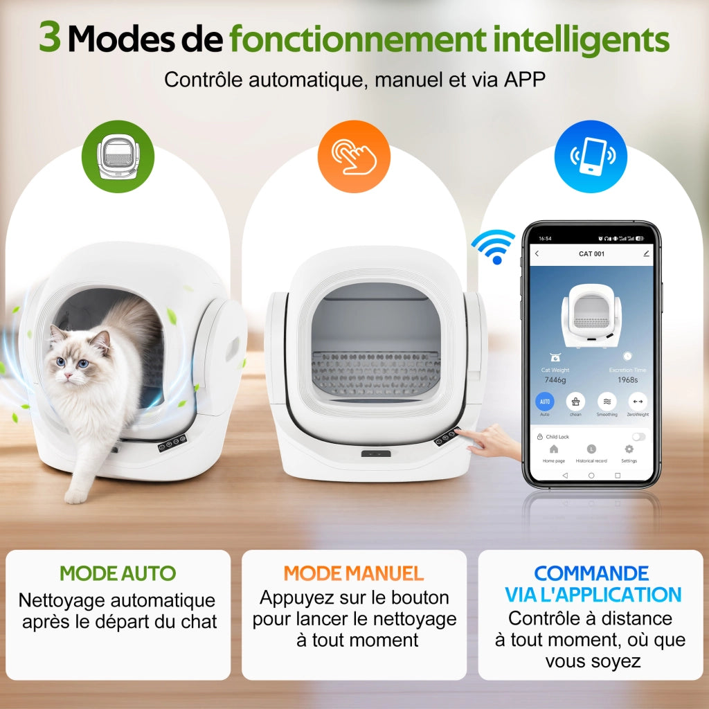 Lettiera automatica per gatti con app; 68 L; contenitore rifiuti 8 L; bianca