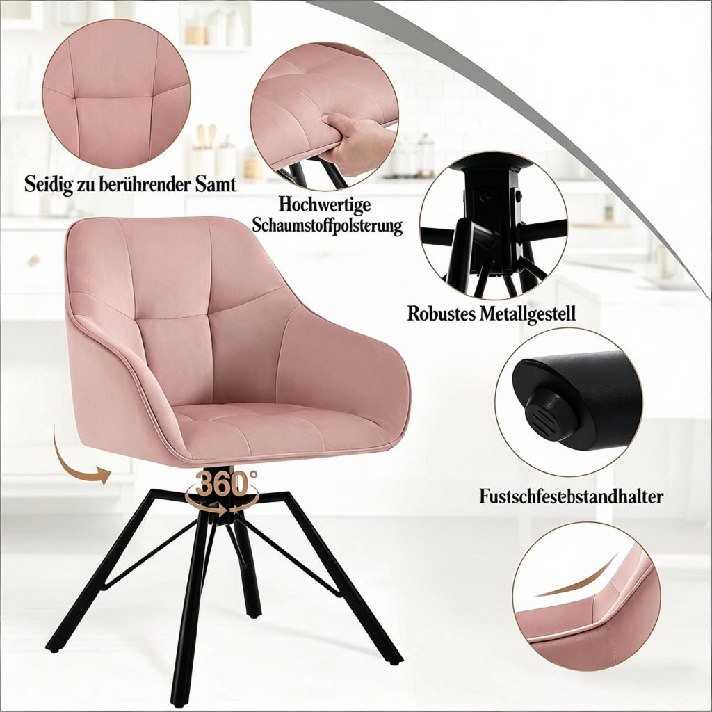 SEDIA Girevole da pranzo 58,5 x 82,5 x 54,5 cm Velluto Rosa Set 2 pezzi