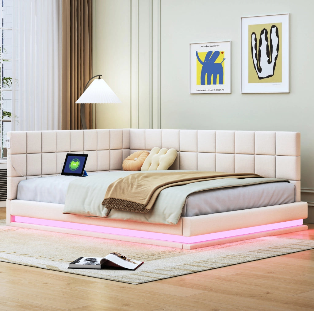 Divano letto imbottito 140x200 con LED, USB e rete a doghe