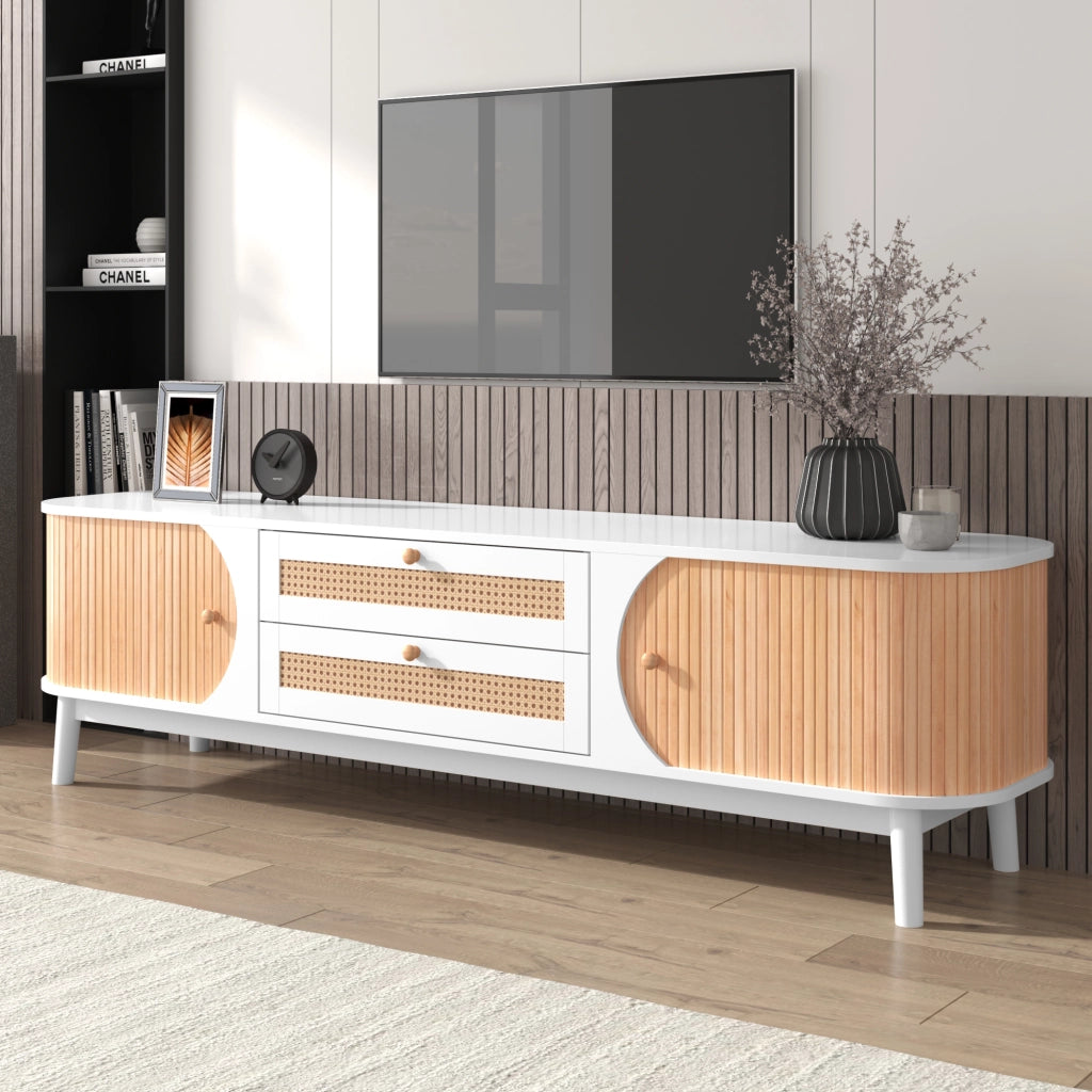 Mobile TV in legno naturale - Zephmum - Con ante e cassetti, finiture in rattan