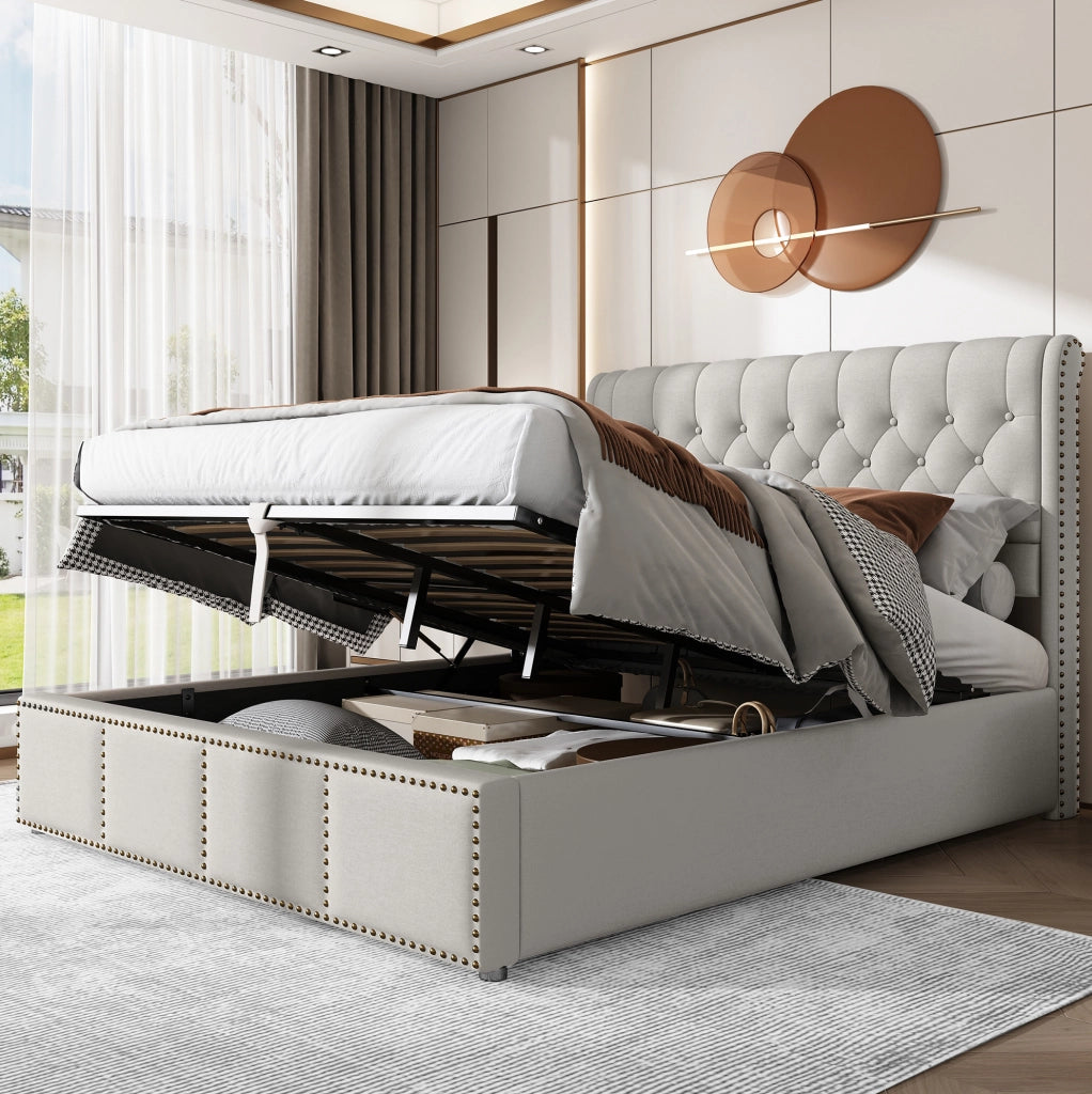 Letto matrimoniale 140x190 cm con contenitore; rivestimento in lino; grigio