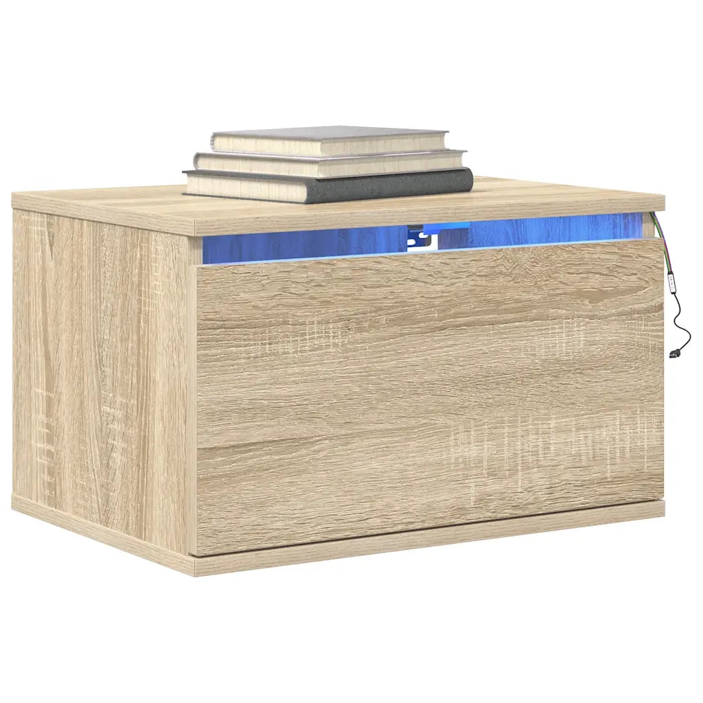 Set di 2 Comodini | Armadio da Notte | Mobiletto da notte a Parete con luci LED Rovere Sonoma
