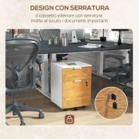 Cassettiera Ufficio a 2 Cassetti con Chiavi di Sicurezza e 5 Ruote, Legno, 42x40x60 cm, Bianco e Legno