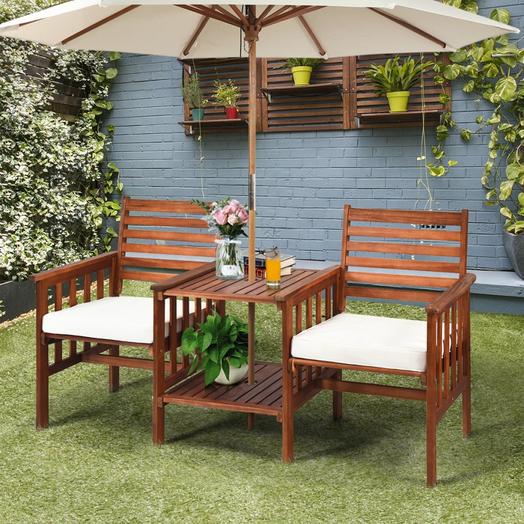 Set di sedie e tavolo in legno di acacia per esterni con foro per ombrello da 5cm, Set di mobili a 2 posti Bianco-Set mobili da esterno