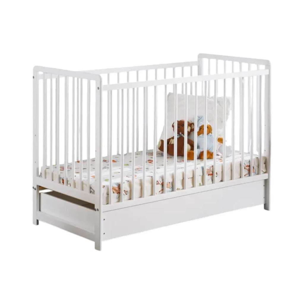 Lettino evolutivo per bambini con cassetto e materasso della collezione LUTIN, regolabile in altezza. Colore bianco opaco.