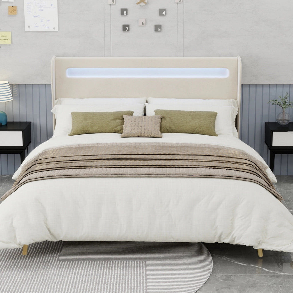 Letto Matrimoniale 160x200 cm con LED Regolabile e Schienale Regolabile in Tessuto Beige