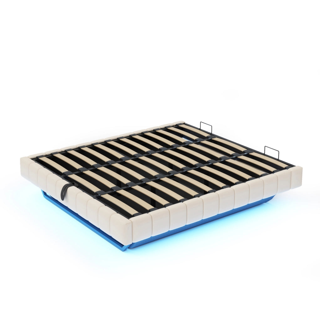 Letto imbottito 180x200 cm beige con contenitore, LED e senza testiera
