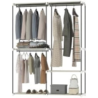 Armadio per Abiti Aperto con 4 Ripiani in Tessuto, 3 Barre per Appendere e Struttura in Metallo 142x43x185 cm Crema