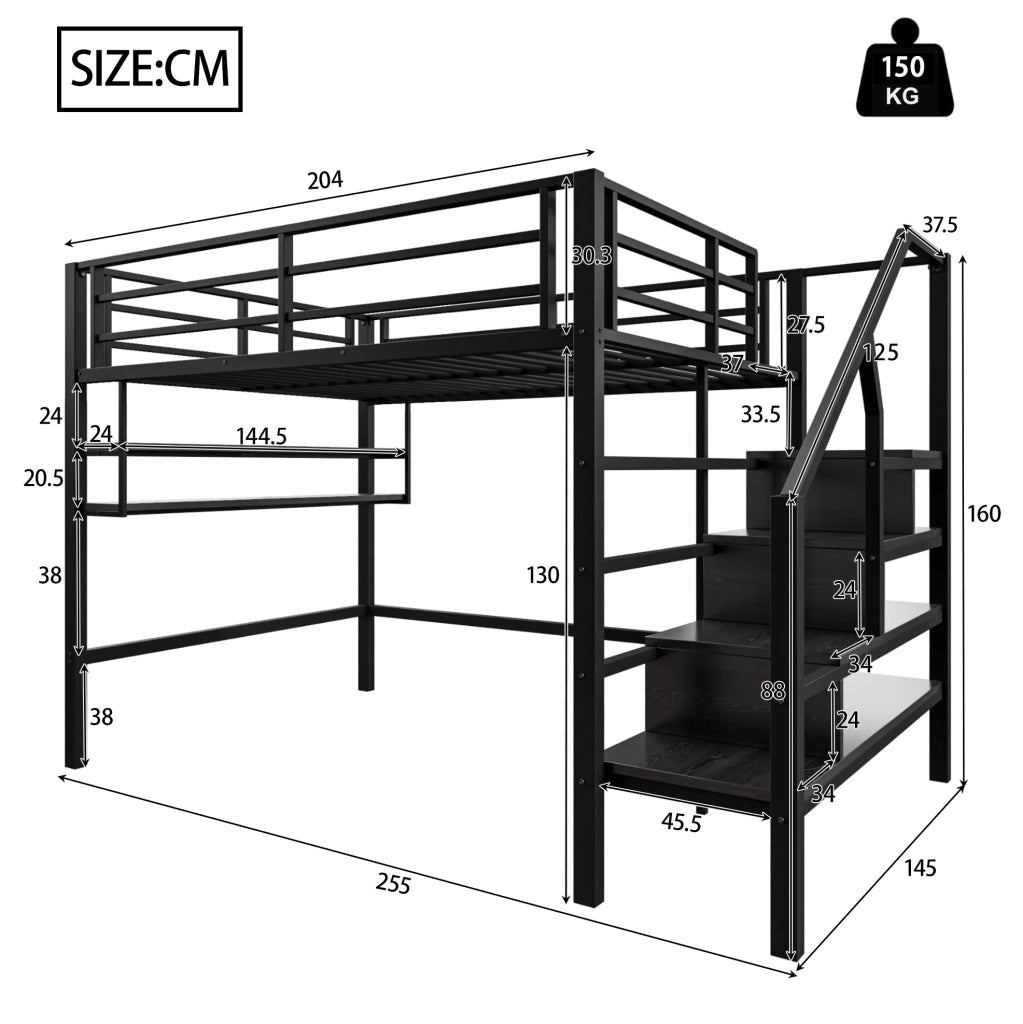 Letto a soppalco 140x200 cm nero con scaffali e scala contenitore