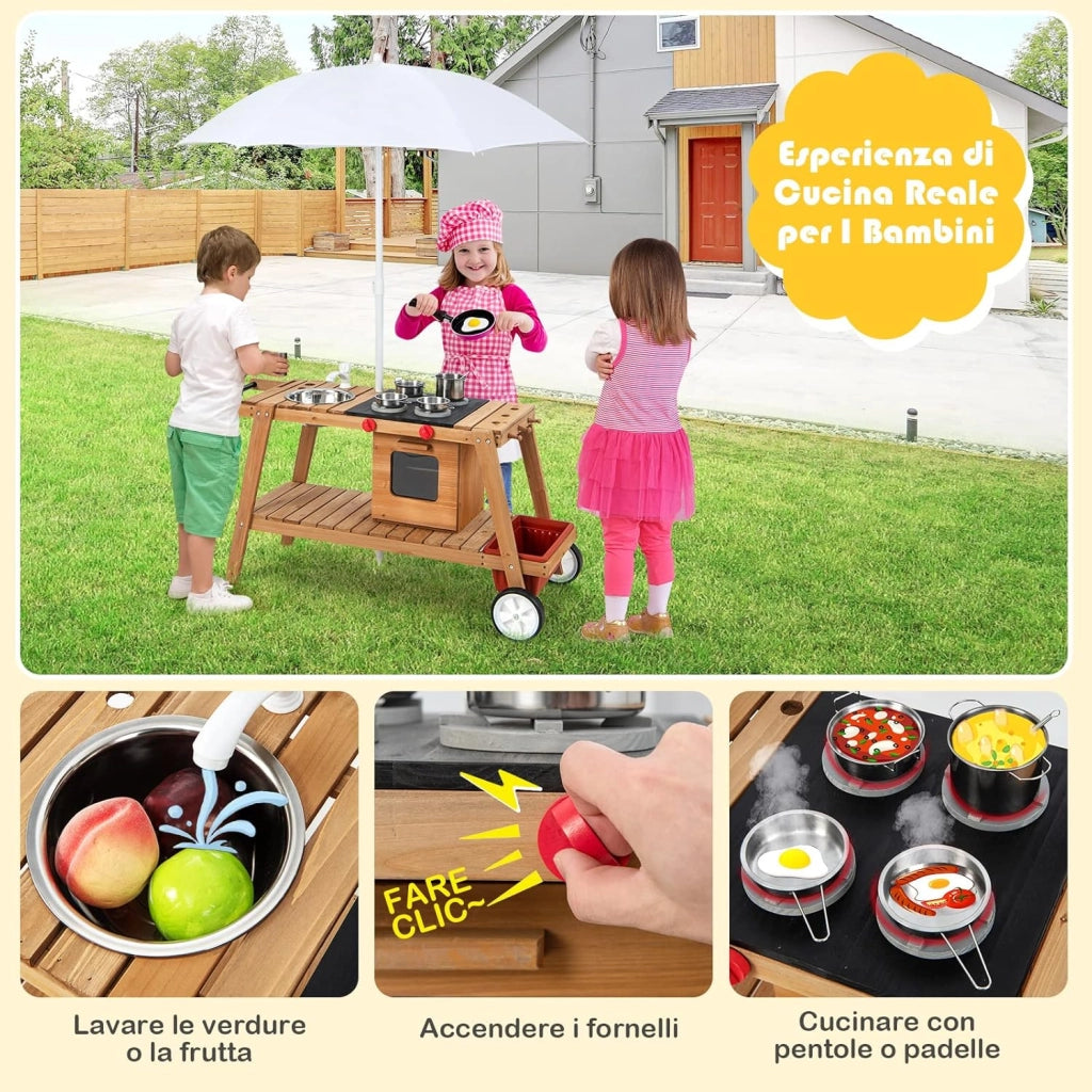 Cucina Giocattolo per Bambini, Cucina da Esterno in Legno con Ombrellone Antisolare e Ruote, Carretto con Stufa, Forno a Legna Simulato, Lavello e Utensili da Cucina, 3 Anni+ (Bianco)