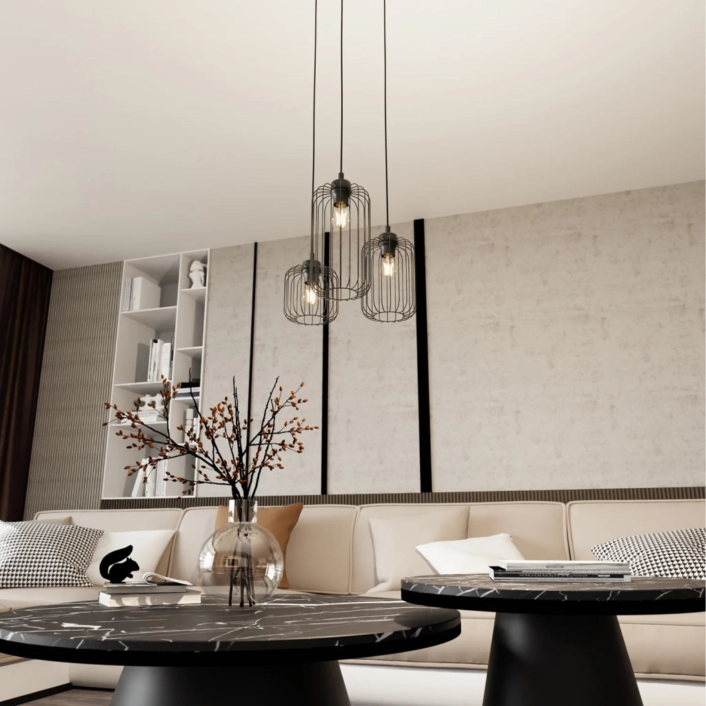 Sospensione Minimal Industrial Minerva 3 Luci Tonda Nera
