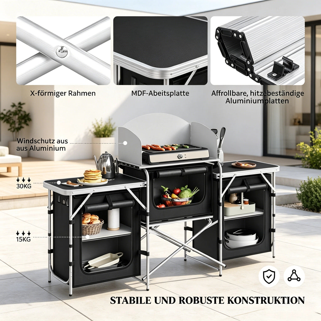 CUCINA DA CAMPEGGIO Pieghevole 174x48x112 cm Nero in Alluminio e MDF