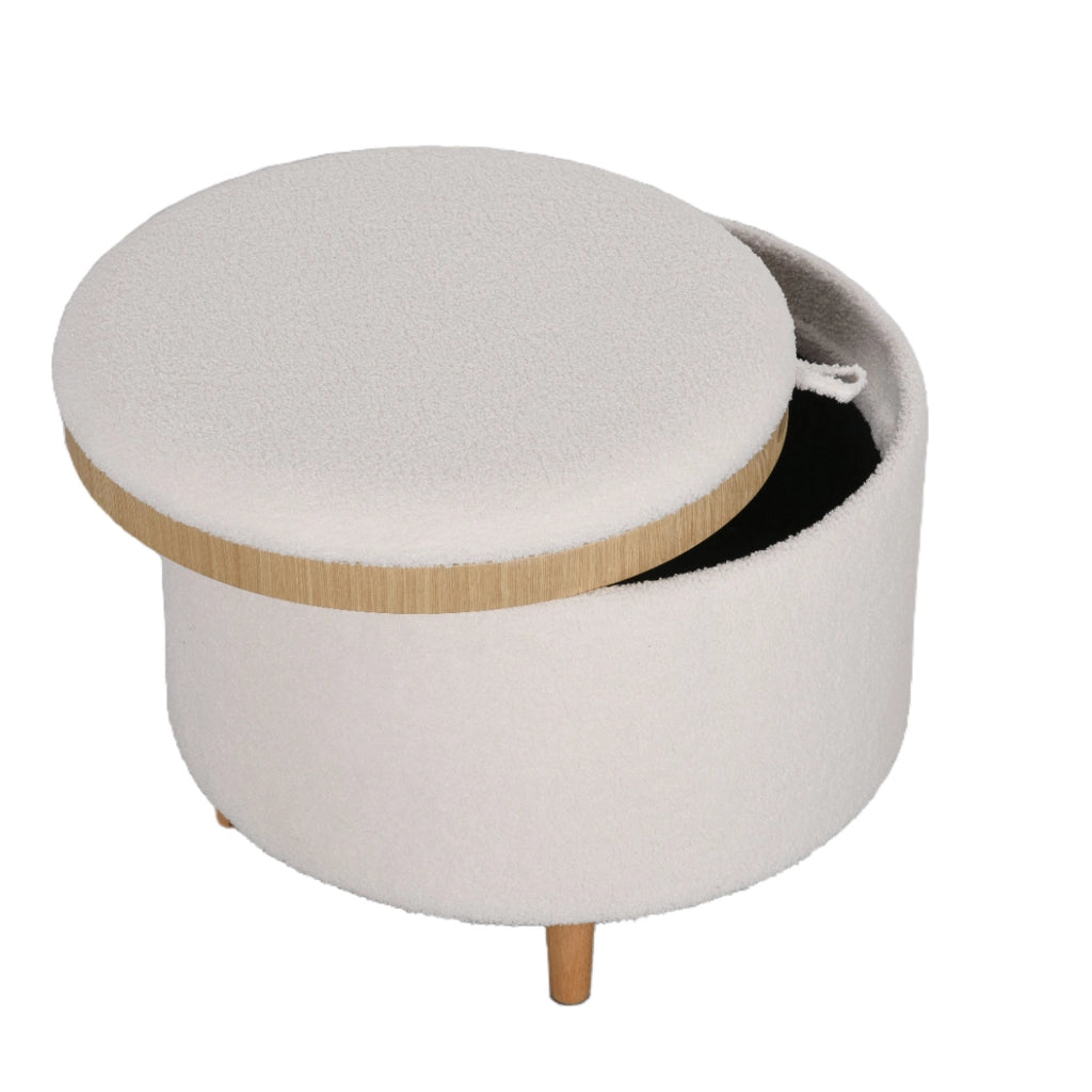 Pouf rotondo con contenitore e coperchio ribaltabile per soggiorno e camera, in poliestere, bianco