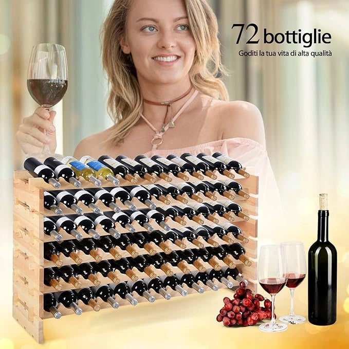 Cantinetta Portabottiglie Vino in Legno di Pino, Portabottiglie per Vino con 6 Ripiani, per 72 Bottiglie di Vino, per Cucina, Bar e Cantina (72 Bottiglie)