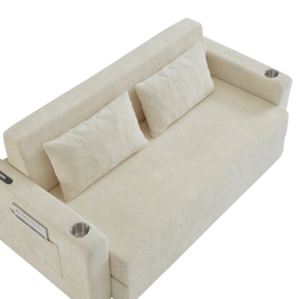Divano letto 2 in 1 pieghevole in Chenille beige, USB, portabicchieri e tasche