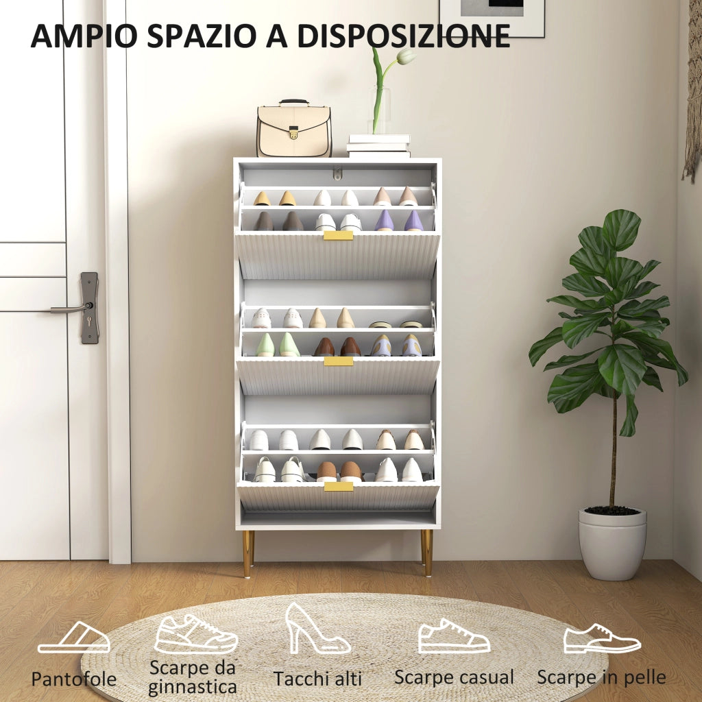 Scarpiera Slim per 18 Paia di Scarpe 60x24x128 cm con 3 Cassetti a Ribalta in MDF Bianco
