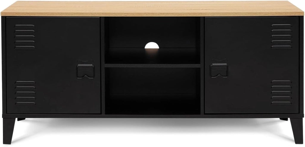 Mobile TV ESTER 113 cm con 2 ante in metallo nero e piano in legno industriale