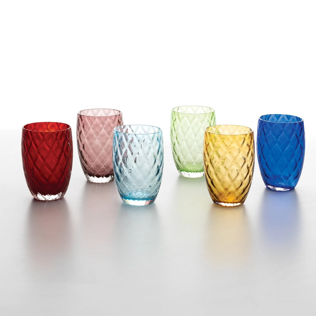 Set 6 Bicchieri Tumbler Losanghe in Vetro Soffiato a Bocca Colore Blu Motivo a Rombi Eleganti e Resistenti per Uso Quotidiano LSA-BLU-6PZ