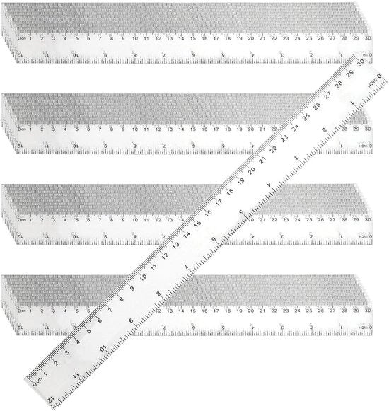 Righello 30 cm Infrangibile - Regolo Flessibile in Plastica - Design Transparente - Leggero - Scala Doppia Pollici/Centimetri - Sostenibile - Livella
