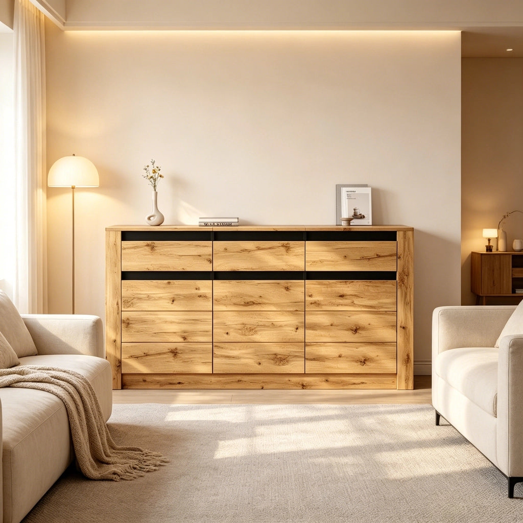 Credenza Sideboard 135¡Á35¡Á70 cm in truciolare, effetto venatura del legno naturale, con 3 cassetti e vani regolabili